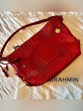 Brahmin Shoulder Bag/Purse Red Crocodile Embossed Leather w/2 Charms & Dust Bag